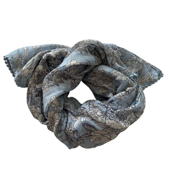 Floral Blue White Oblong Scarf Lace Trim Lightweight Long Wrap Hijab Bloomcore - Picture 11 of 13